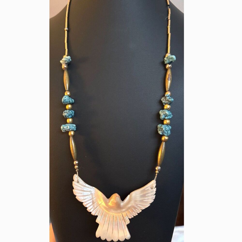 VTG Southwestern Mother of Pearl Eagle & Turquoise Fetish Necklace